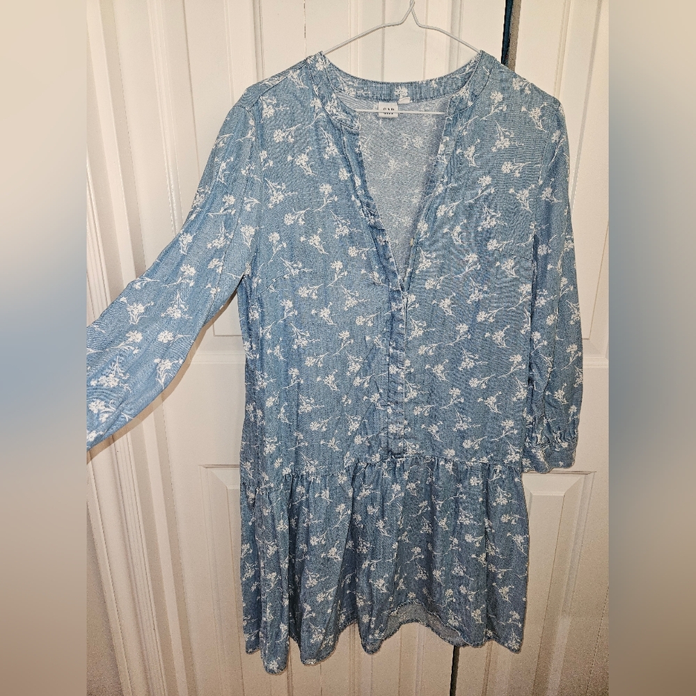 Gap Blue Floral Denim-like Long Sleeve Dress